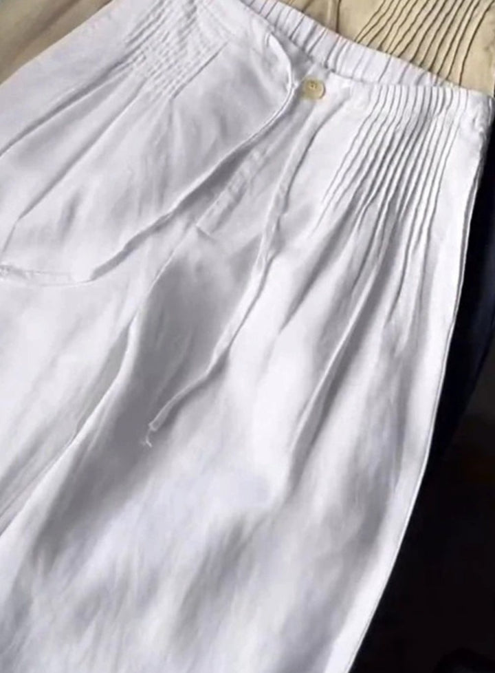 Women's Wide-Leg Drawstring High-Waist Cotton Trousers - White