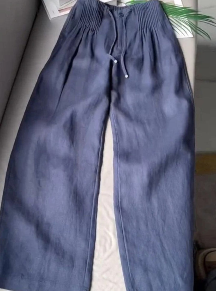 Women's Wide-Leg Drawstring High-Waist Cotton Trousers - Navy Blue