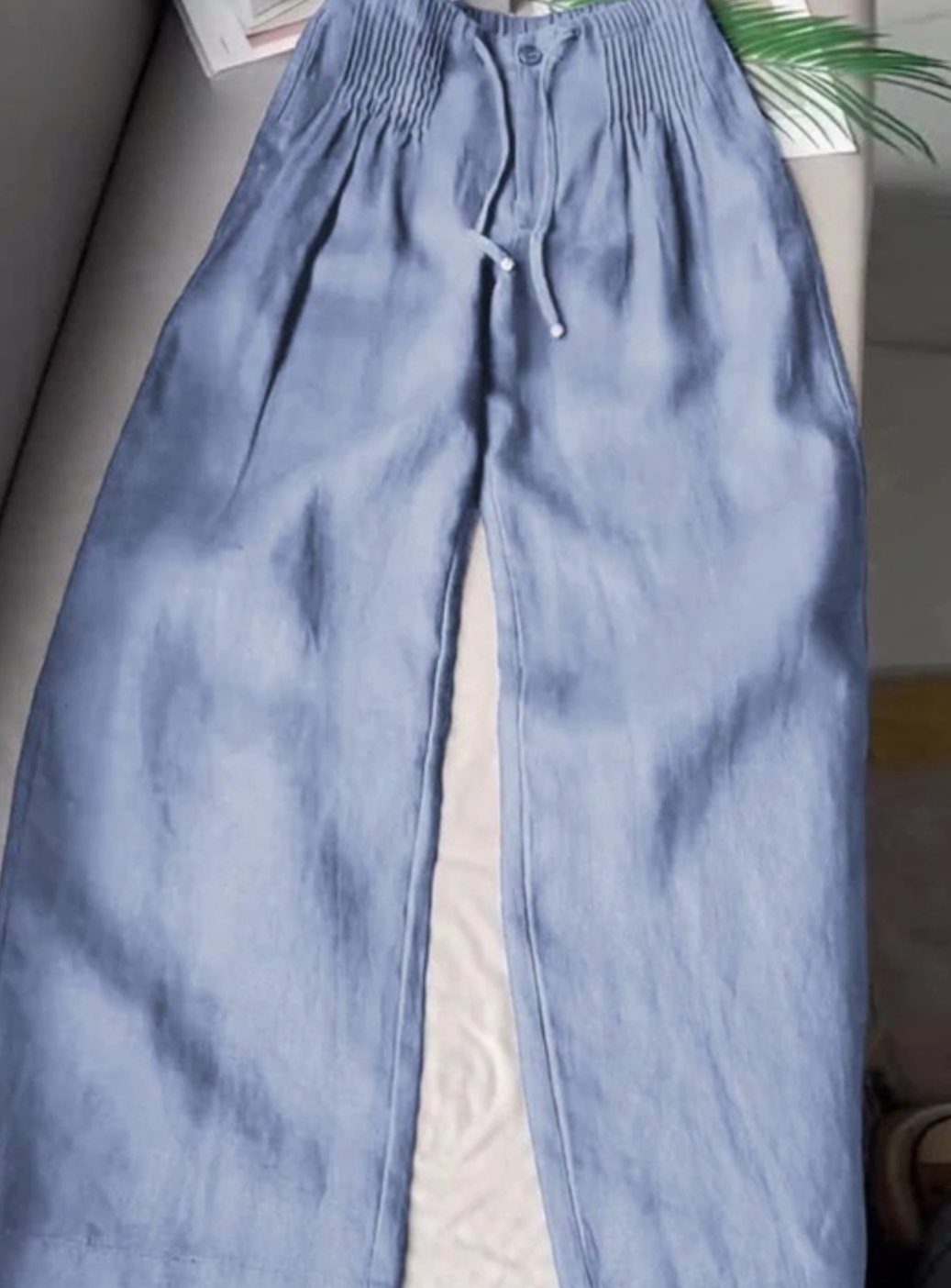 Women's Wide-Leg Drawstring High-Waist Cotton Trousers - Blue