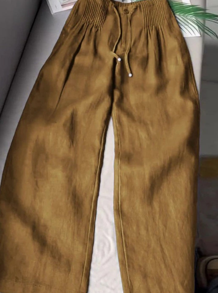 Women's Wide-Leg Drawstring High-Waist Cotton Trousers - Khaki