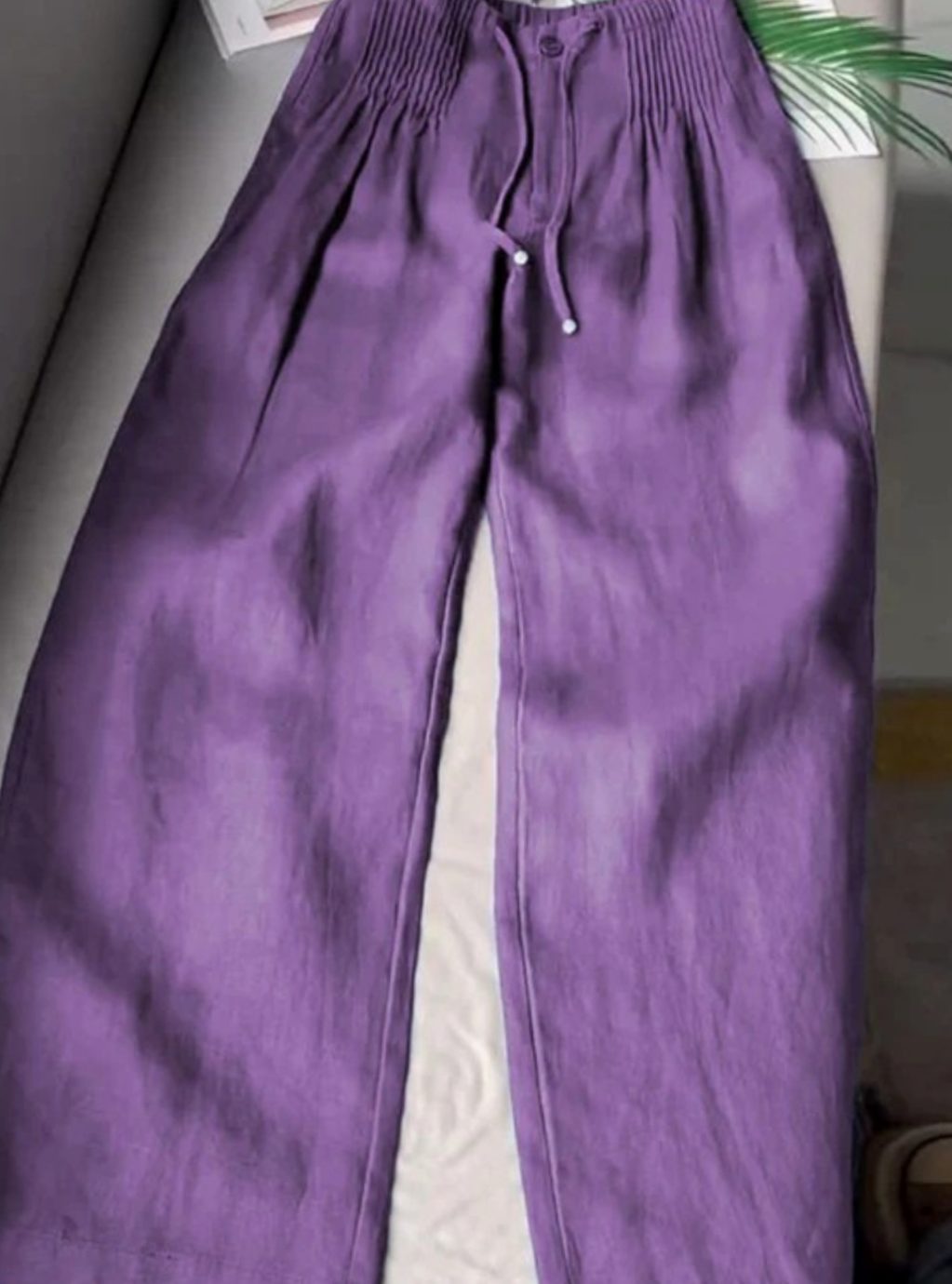 Women's Wide-Leg Drawstring High-Waist Cotton Trousers - Lilac
