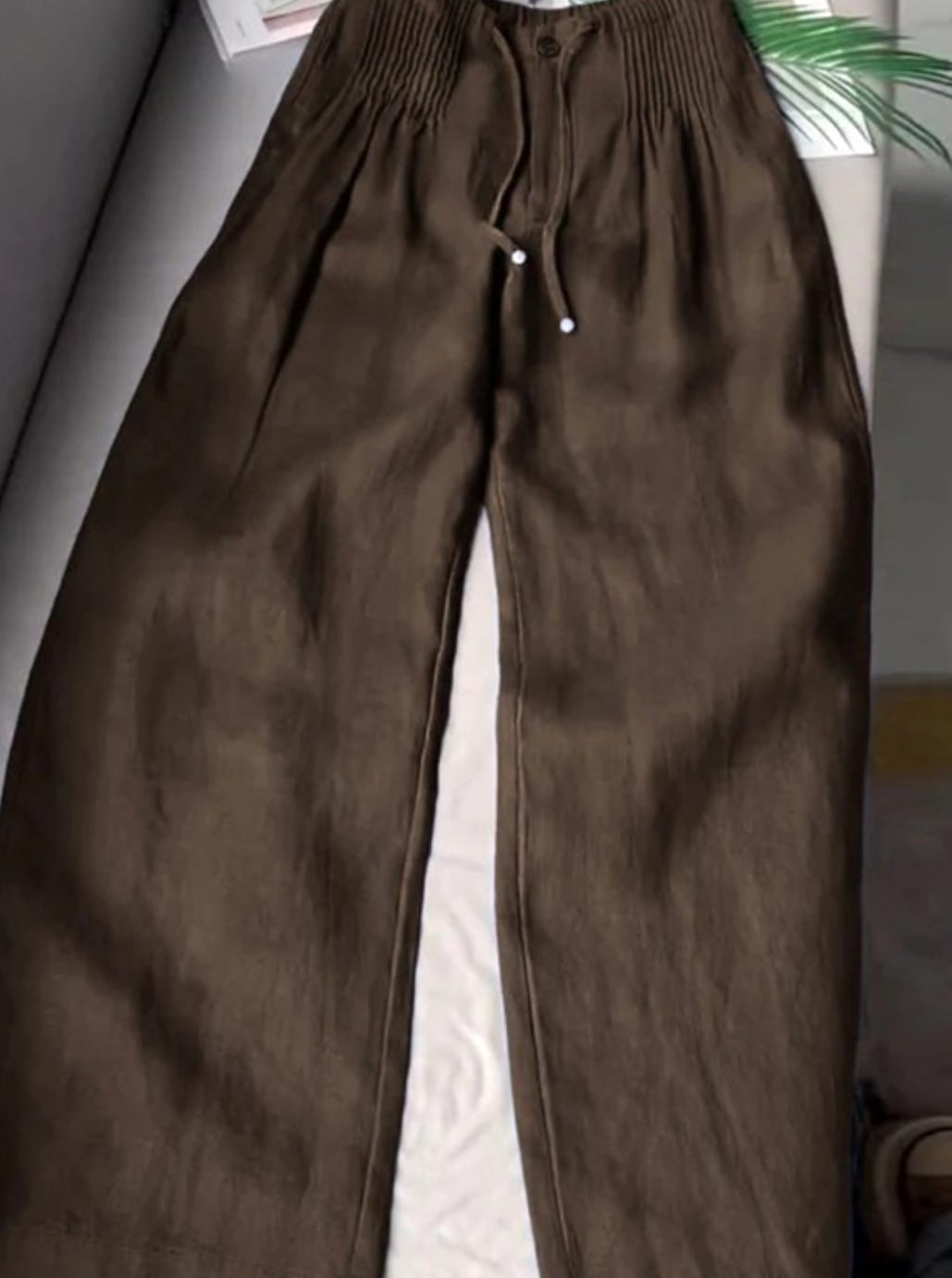 Women's Wide-Leg Drawstring High-Waist Cotton Trousers - Coffee Brown