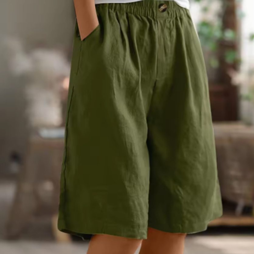 Women's Wide-Leg Elastic-Waist Casual Linen Shorts - Army Green