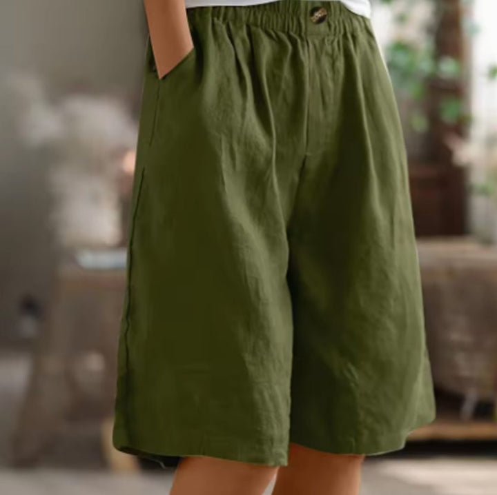 Women's Wide-Leg Elastic-Waist Casual Linen Shorts - Army Green