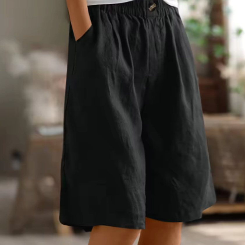 Women's Wide-Leg Elastic-Waist Casual Linen Shorts - Black