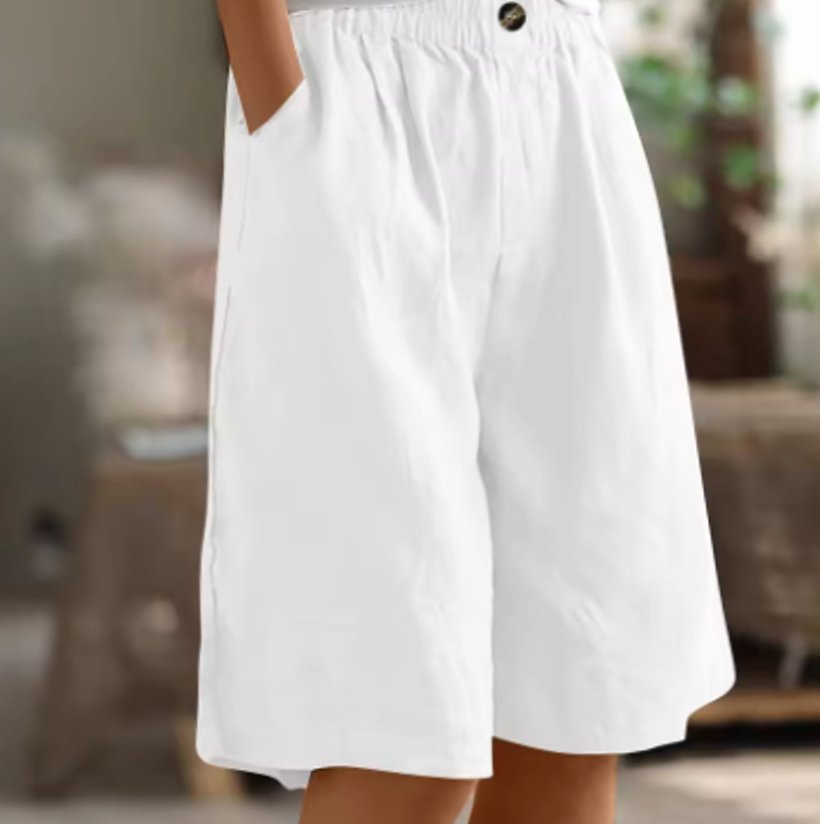 Women's Wide-Leg Elastic-Waist Casual Linen Shorts - White