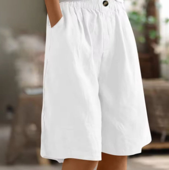 Women's Wide-Leg Elastic-Waist Casual Linen Shorts - White