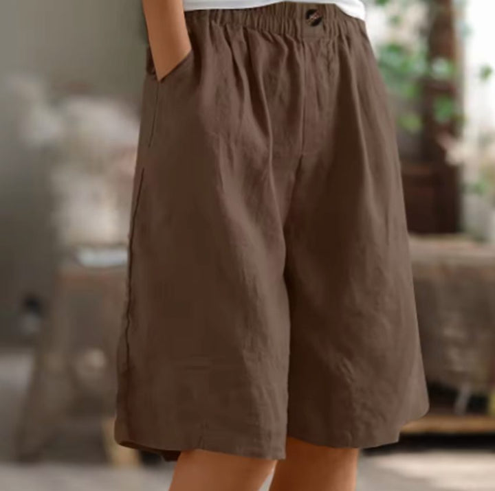 Women's Wide-Leg Elastic-Waist Casual Linen Shorts - Brown