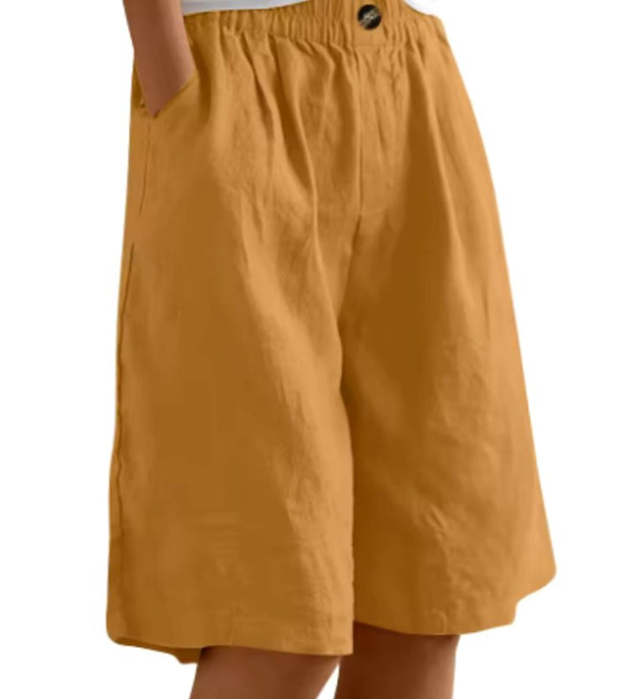 Women's Wide-Leg Elastic-Waist Casual Linen Shorts - Tan
