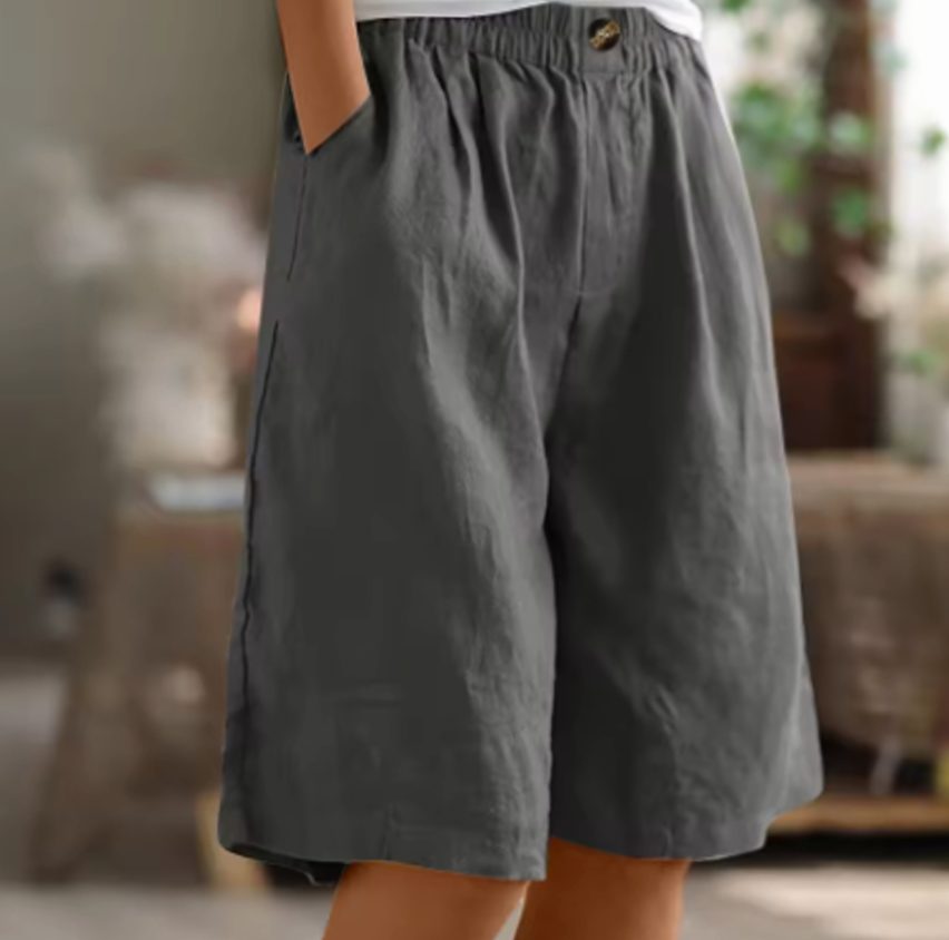 Women's Wide-Leg Elastic-Waist Casual Linen Shorts - Grey
