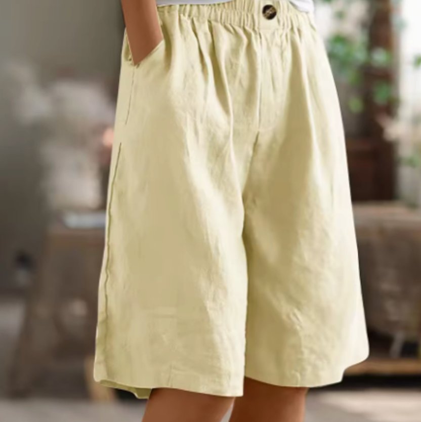 Women's Wide-Leg Elastic-Waist Casual Linen Shorts - Beige