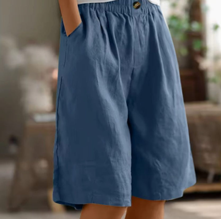 Women's Wide-Leg Elastic-Waist Casual Linen Shorts - Blue