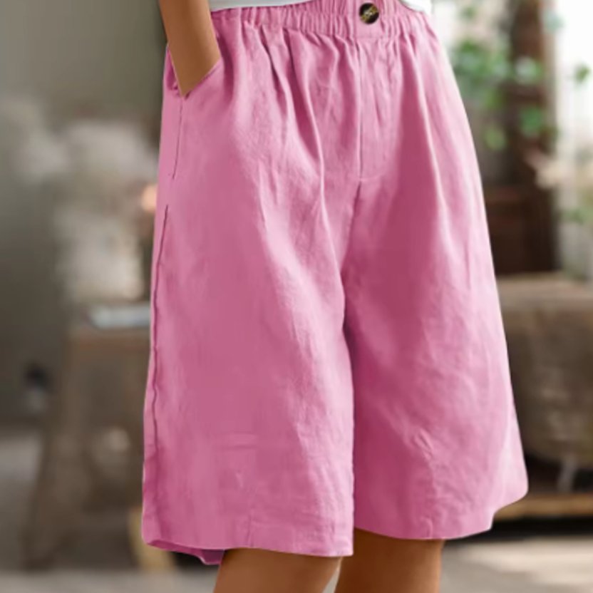 Women's Wide-Leg Elastic-Waist Casual Linen Shorts - Pink