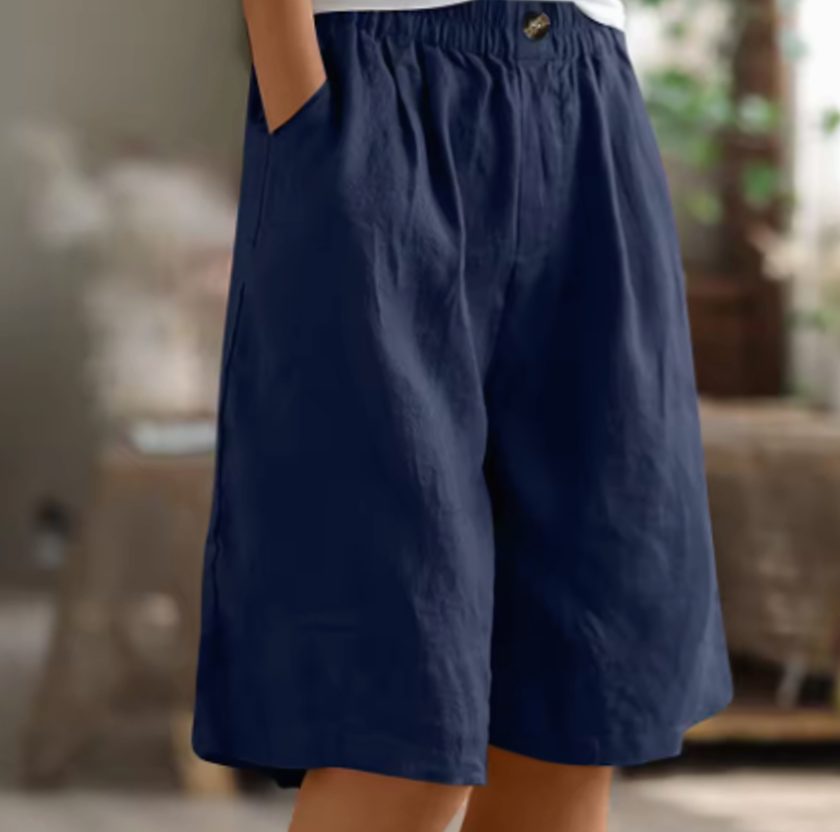 Women's Wide-Leg Elastic-Waist Casual Linen Shorts - Navy Blue
