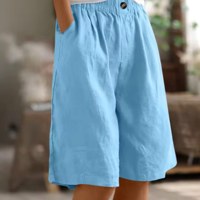 Women's Wide-Leg Elastic-Waist Casual Linen Shorts - Sky Blue