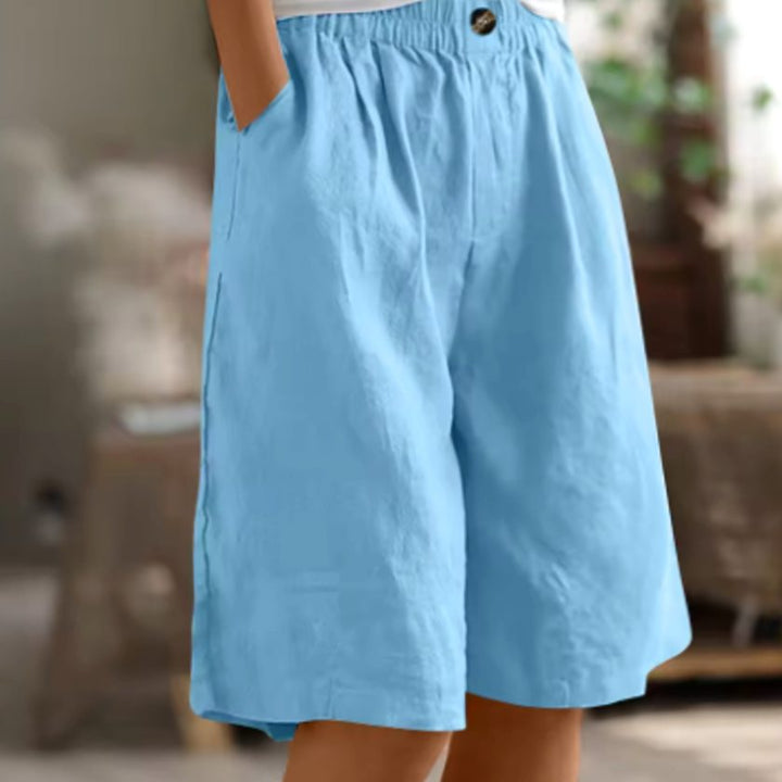 Women's Wide-Leg Elastic-Waist Casual Linen Shorts - Sky Blue