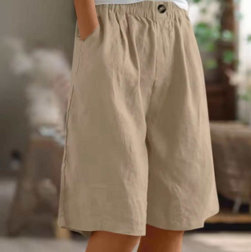 Women's Wide-Leg Elastic-Waist Casual Linen Shorts - Khaki