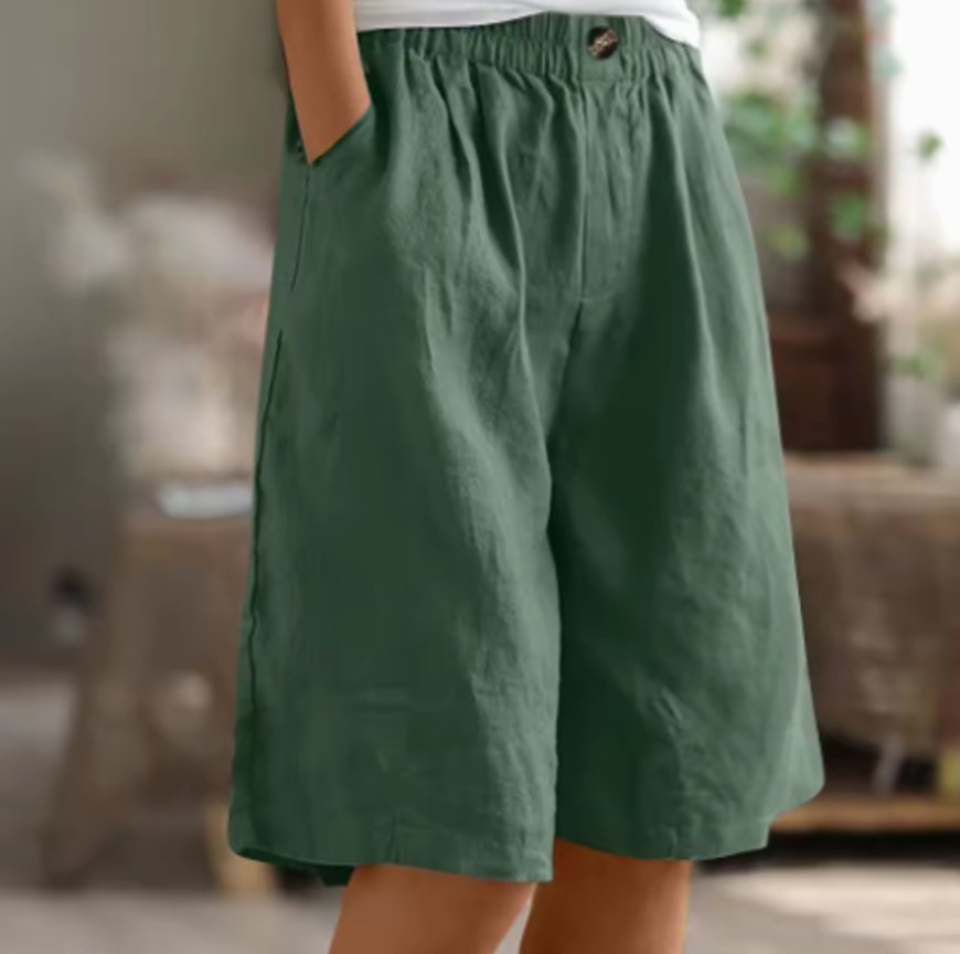 Women's Wide-Leg Elastic-Waist Casual Linen Shorts - Green