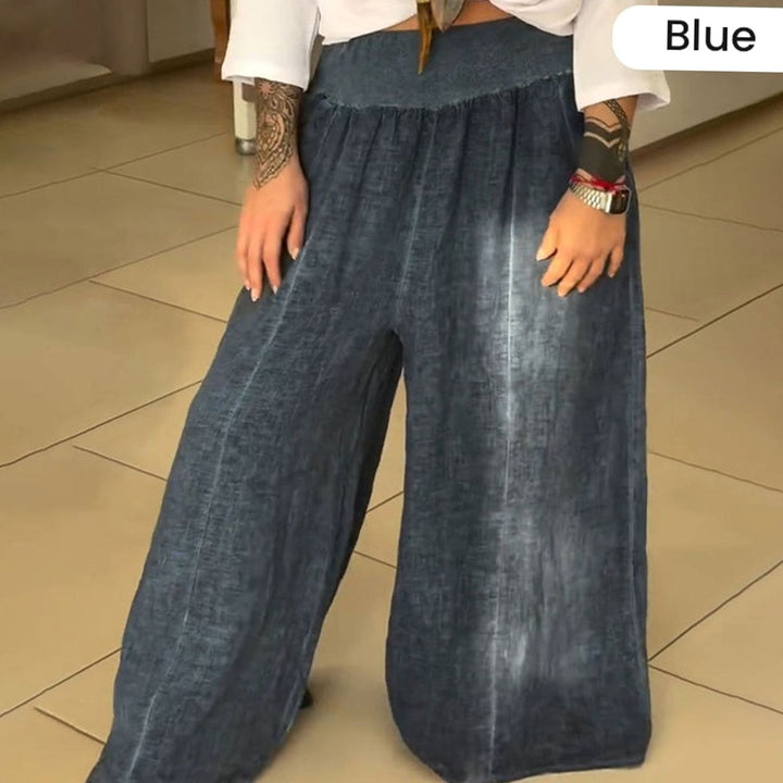 Women's Wide-Leg Elasticated High-Waist Trousers with Pockets - Blue