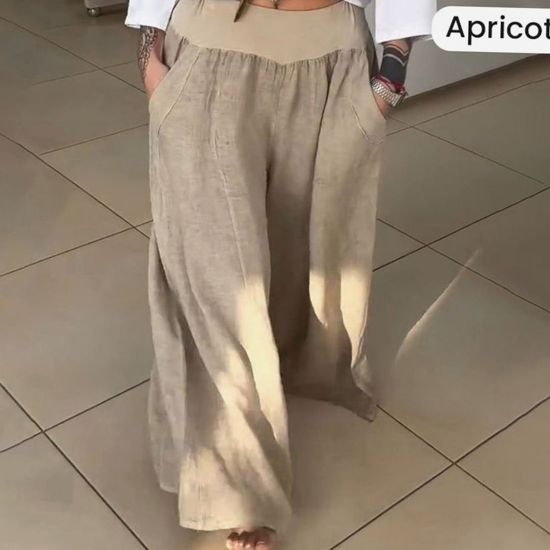 Women's Wide-Leg Elasticated High-Waist Trousers with Pockets - Apricot