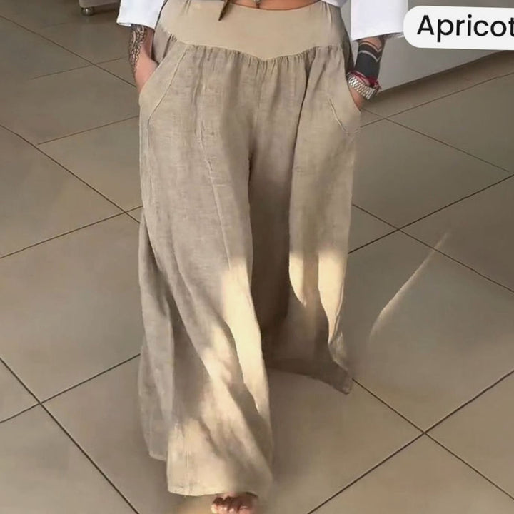 Women's Wide-Leg Elasticated High-Waist Trousers with Pockets - Apricot