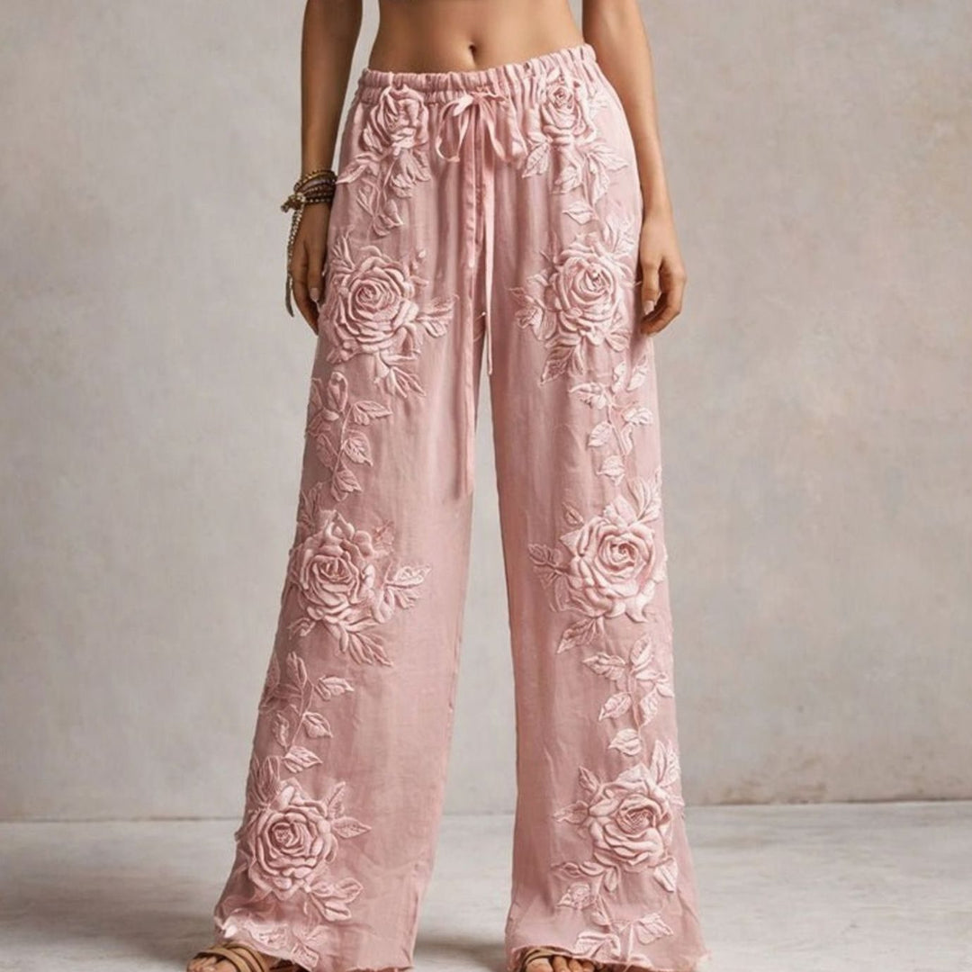 Women's Wide-Leg Floral Embroidered Drawstring Trousers - Pink