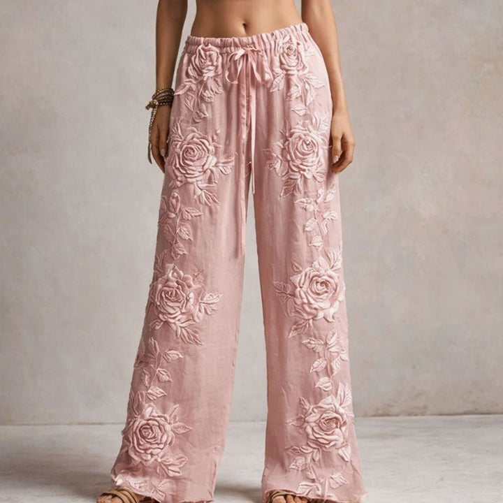 Women's Wide-Leg Floral Embroidered Drawstring Trousers - Pink