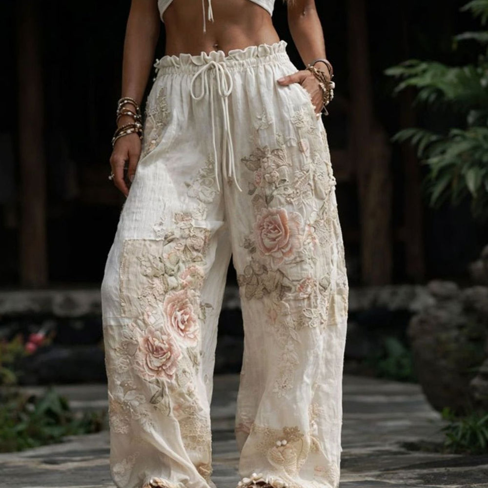 Women's Wide-Leg Floral Embroidered Drawstring Trousers - Beige