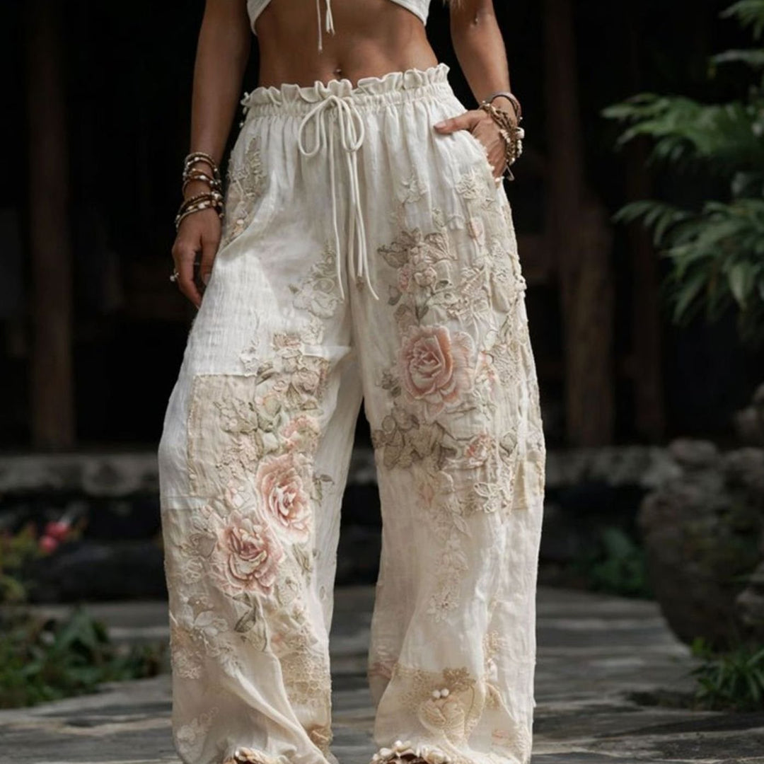 Women's Wide-Leg Floral Embroidered Drawstring Trousers - Beige