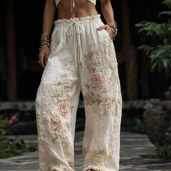Women's Wide-Leg Floral Embroidered Drawstring Trousers - Beige