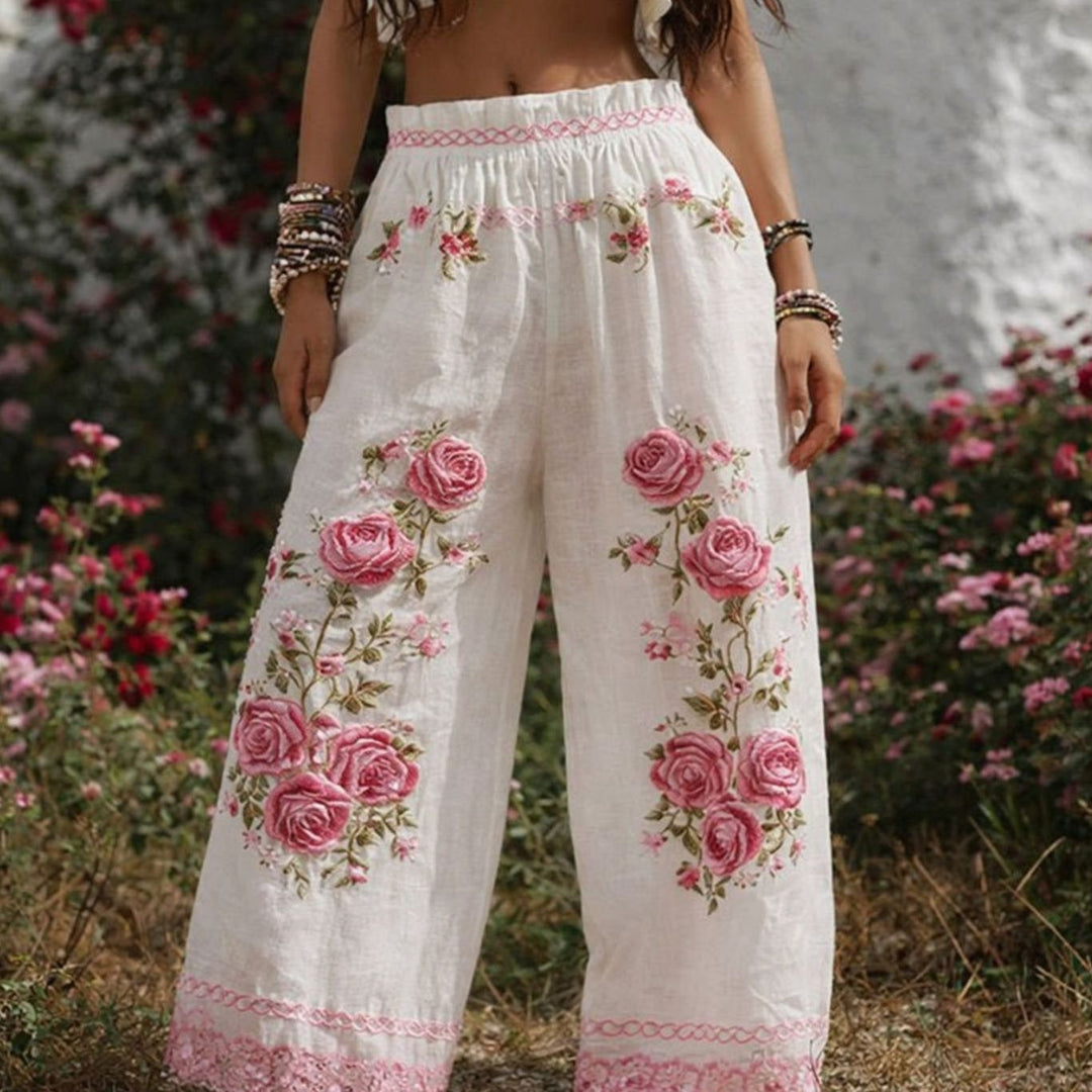 Women's Wide-Leg Floral Embroidered Drawstring Trousers - White