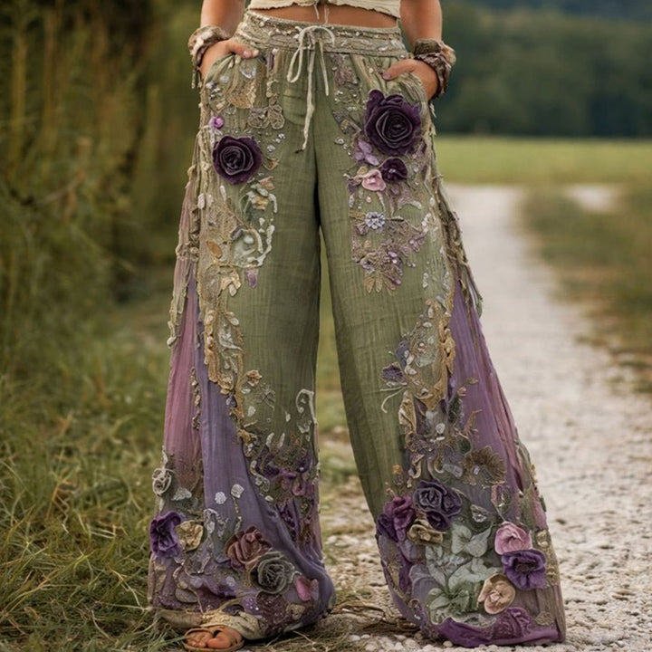 Women's Wide-Leg Floral Embroidered Drawstring Trousers - Green
