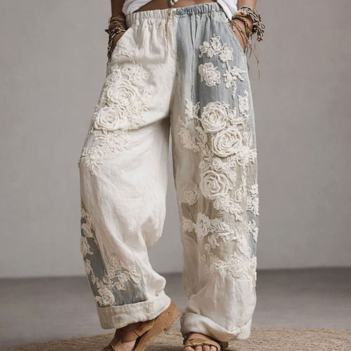 Women's Wide-Leg Floral Embroidered Drawstring Trousers - Grey
