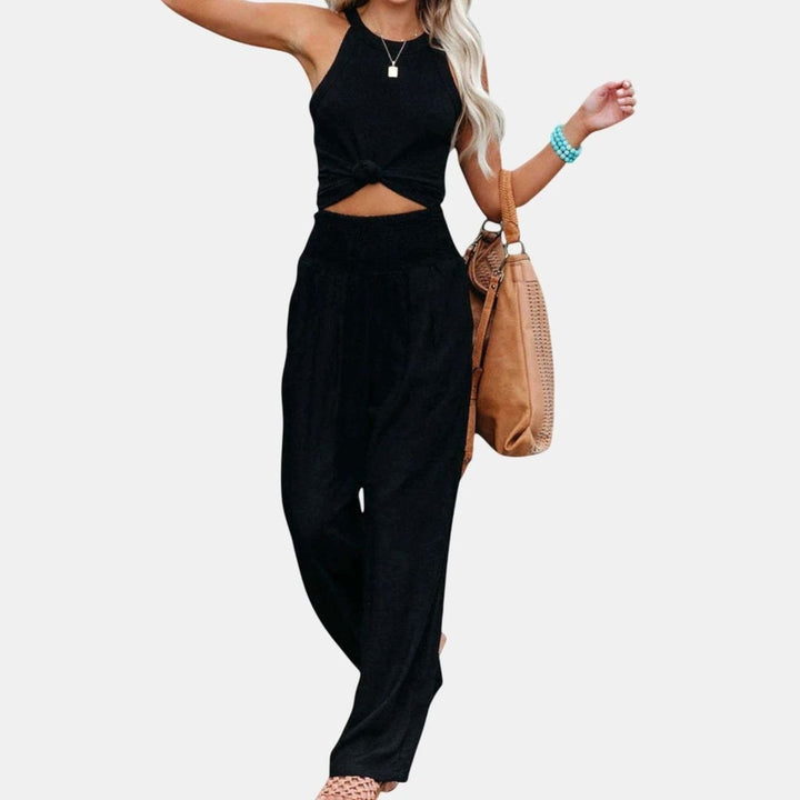 Women's Wide-Leg High-Waist Smocked Office Trousers - Black