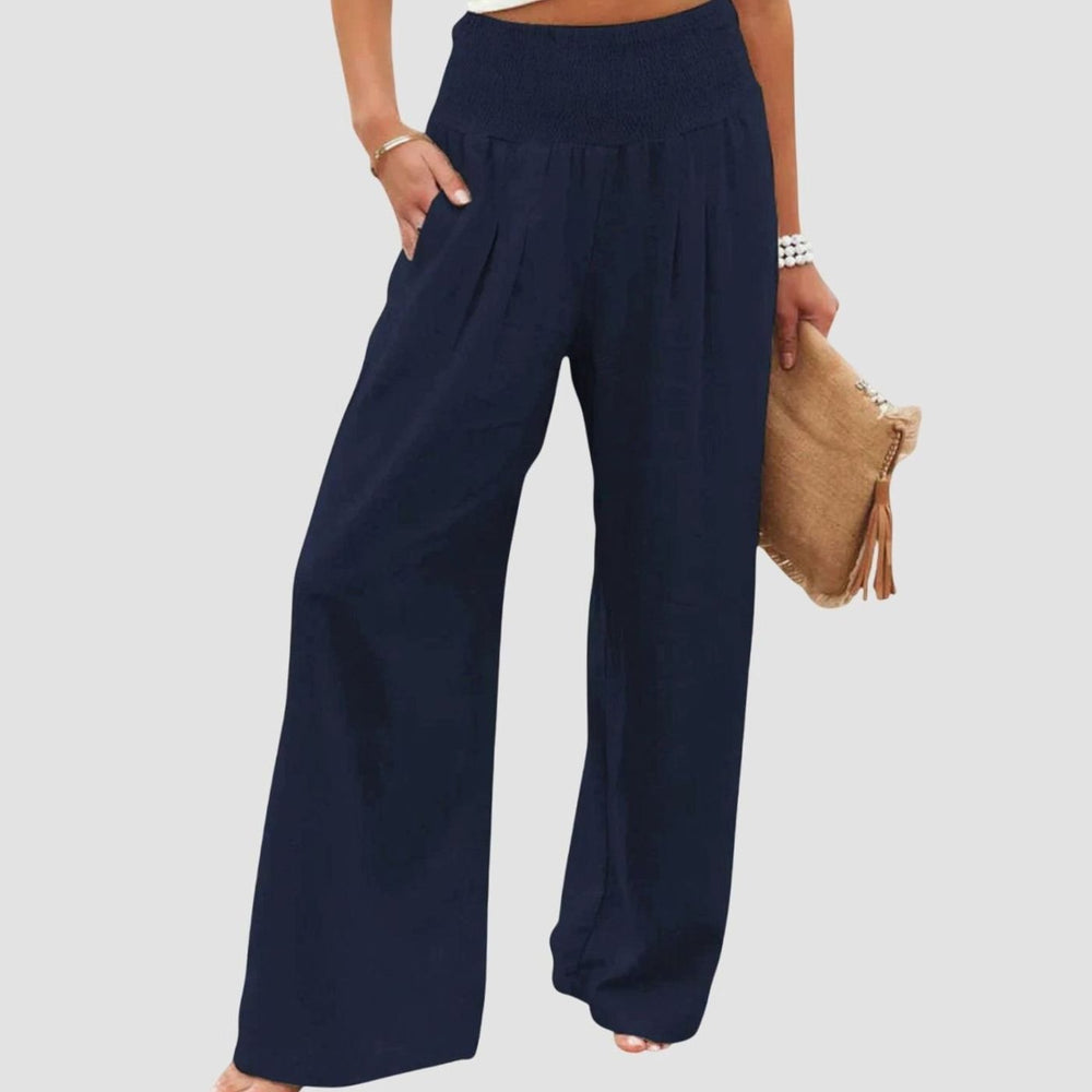 Women's Wide-Leg High-Waist Smocked Office Trousers - Blue