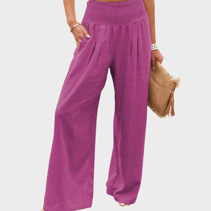 Women's Wide-Leg High-Waist Smocked Office Trousers - Pink