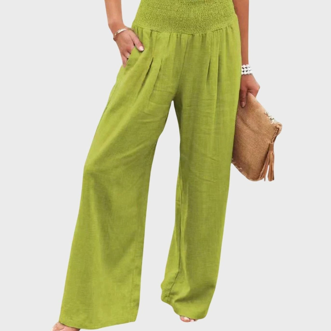 Women's Wide-Leg High-Waist Smocked Office Trousers - Green