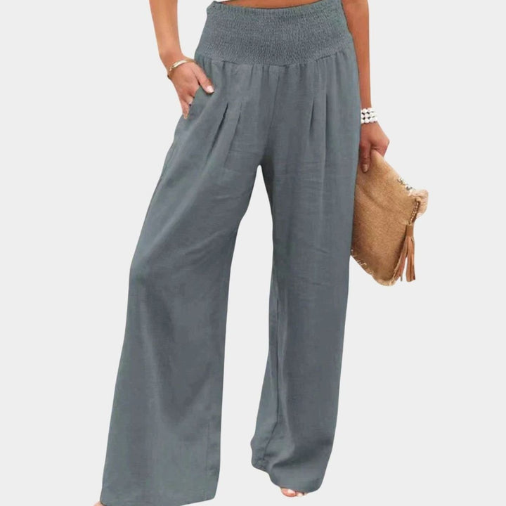 Women's Wide-Leg High-Waist Smocked Office Trousers - Grey