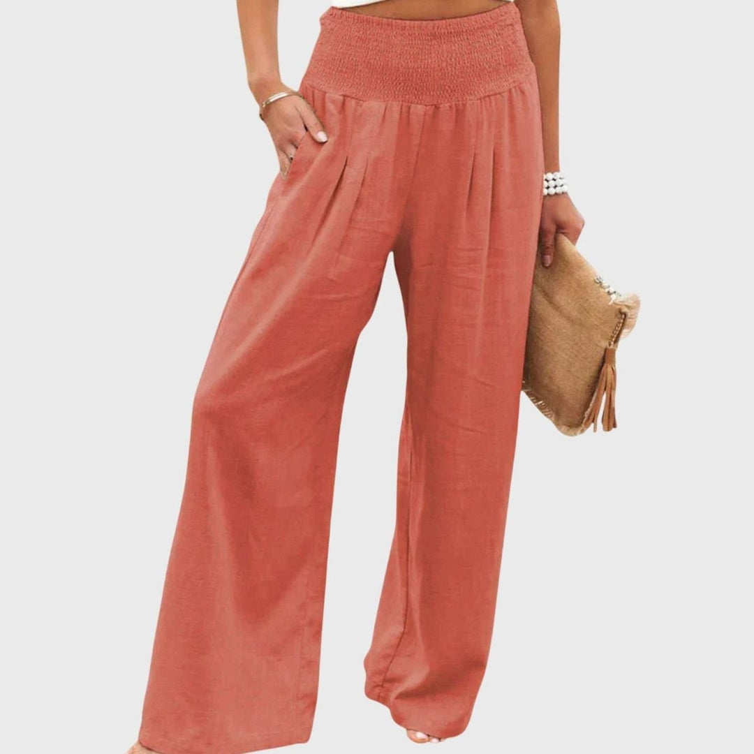 Women's Wide-Leg High-Waist Smocked Office Trousers - Orange