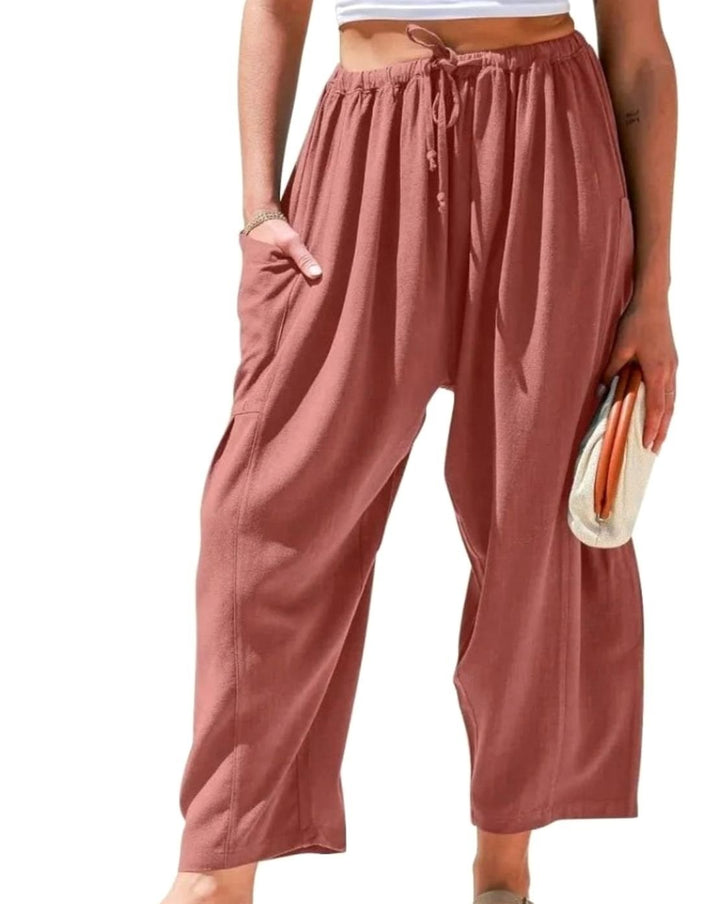 Women's Wide-Leg Linen-Cotton Drawstring Harem Trousers - Dusty Rose