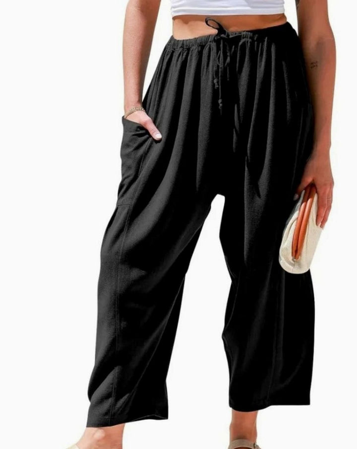 Women's Wide-Leg Linen-Cotton Drawstring Harem Trousers - Black