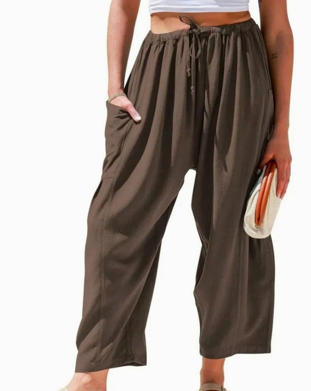 Women's Wide-Leg Linen-Cotton Drawstring Harem Trousers - Dark Coffee