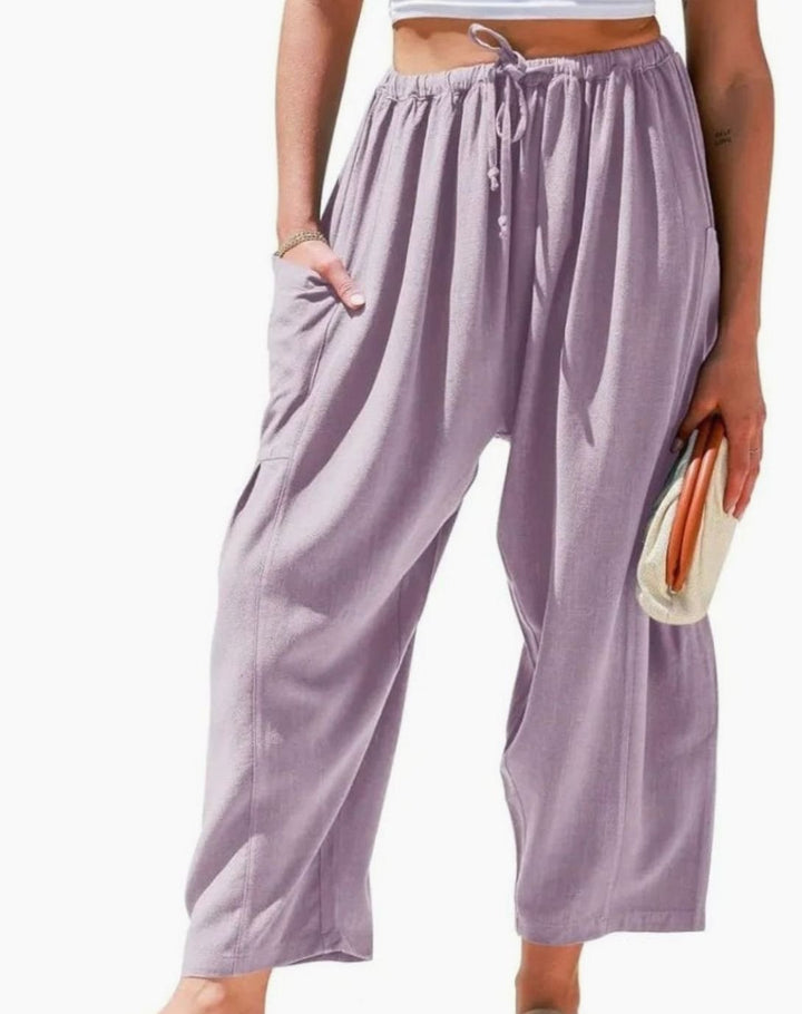 Women's Wide-Leg Linen-Cotton Drawstring Harem Trousers - Lilac Pink