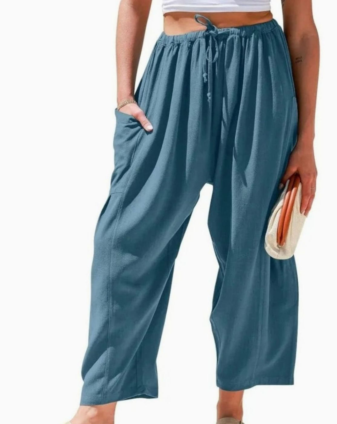 Women's Wide-Leg Linen-Cotton Drawstring Harem Trousers - Lake Blue