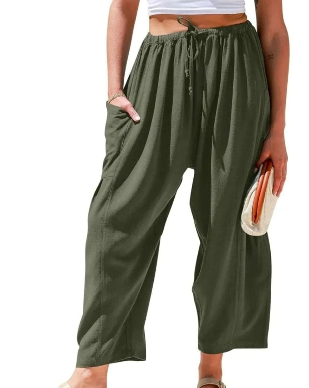 Women's Wide-Leg Linen-Cotton Drawstring Harem Trousers - Green