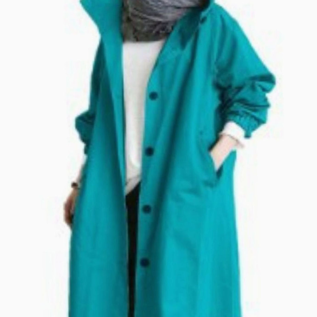 Women's Wind-Resistant Hooded Button-Up Trench Coat - Blue
