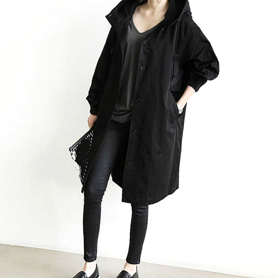 Women's Wind-Resistant Hooded Button-Up Trench Coat - Blueberry