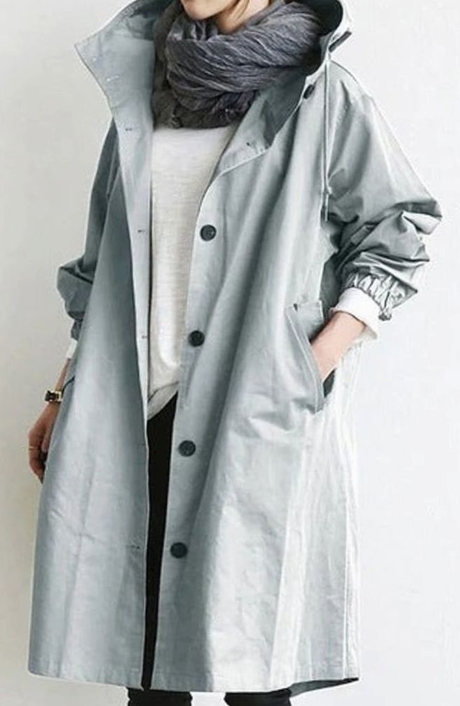 Women's Wind-Resistant Hooded Button-Up Trench Coat - Light Grey