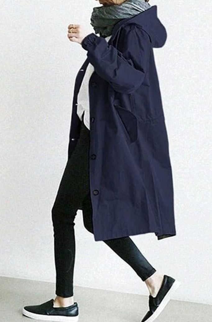 Women's Wind-Resistant Hooded Button-Up Trench Coat - Navy Black