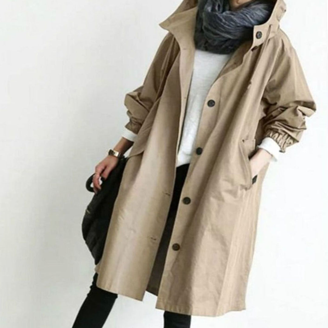 Women's Wind-Resistant Hooded Button-Up Trench Coat - Khaki